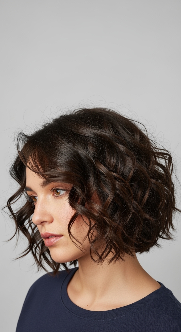 asymmetrical curly lob hairstyle