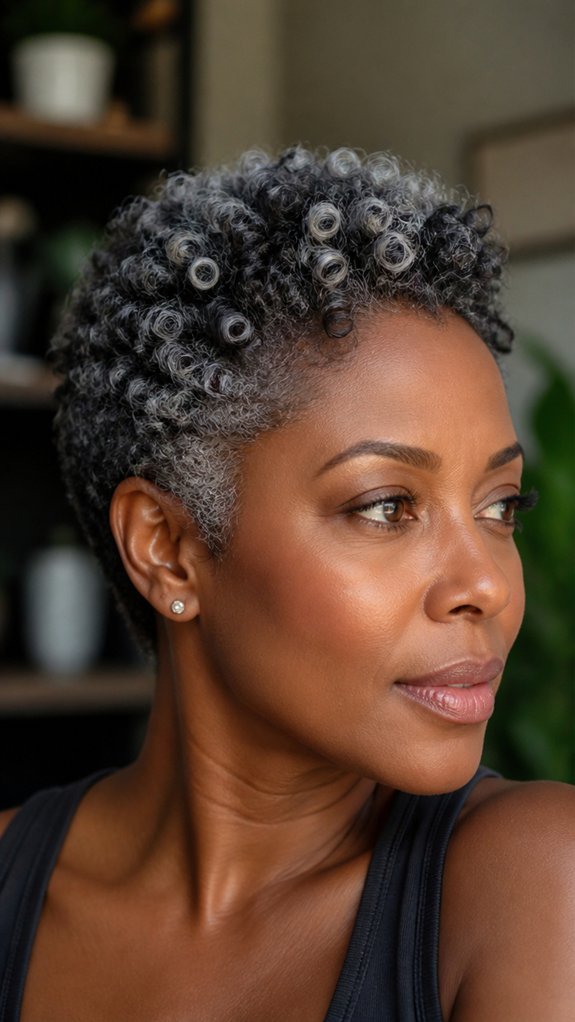 defined silver curly pixie