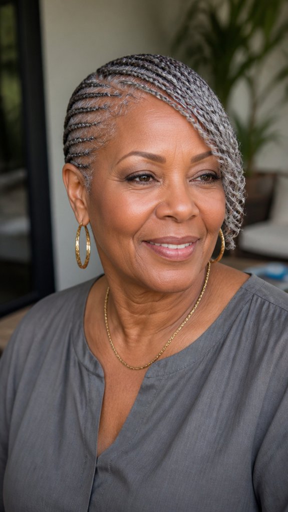 gray side swept cornrow braids