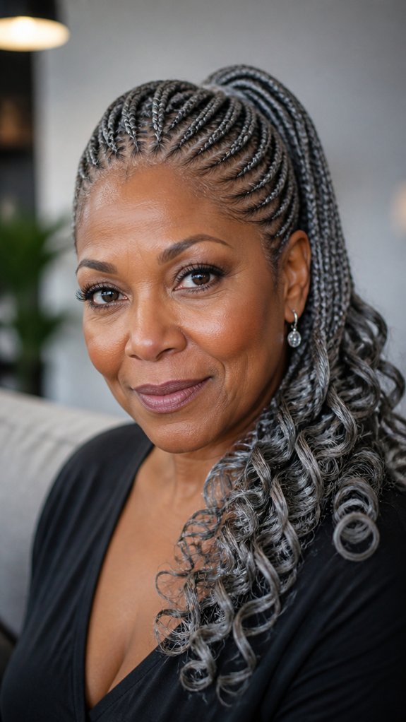 high ponytail gray braided curls