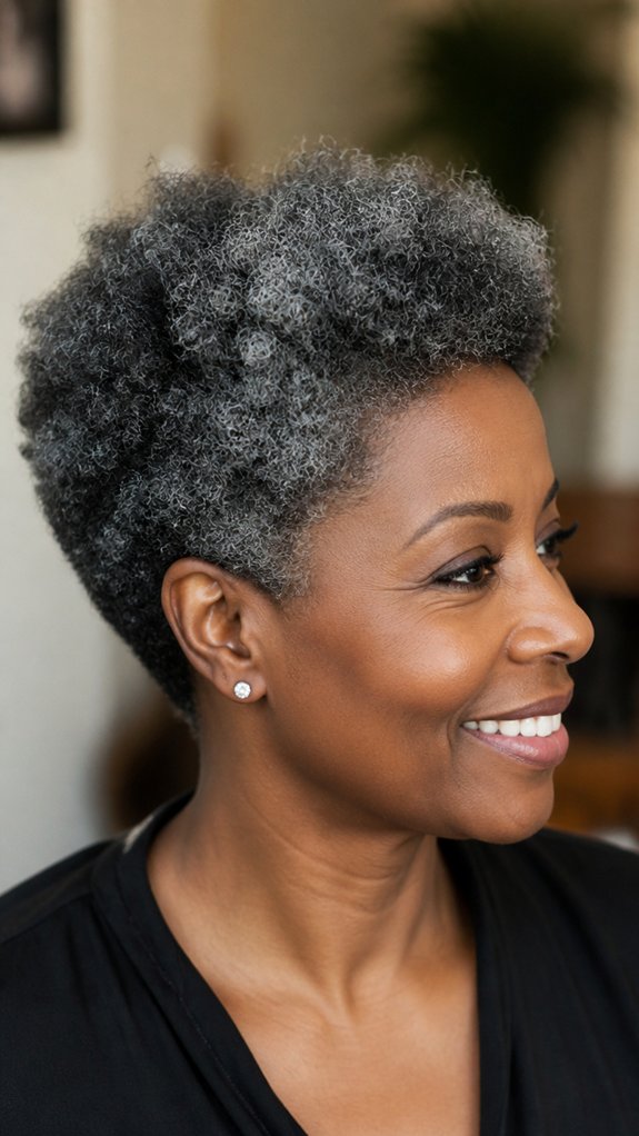 rounded afro with silver highlights