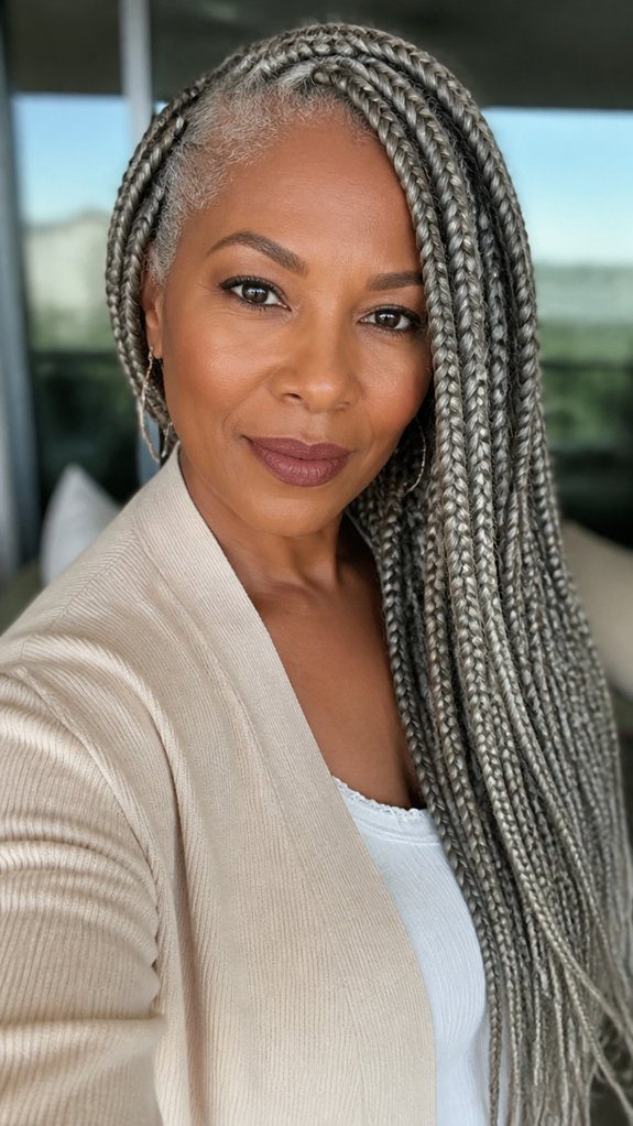 subtle highlighted long gray braids