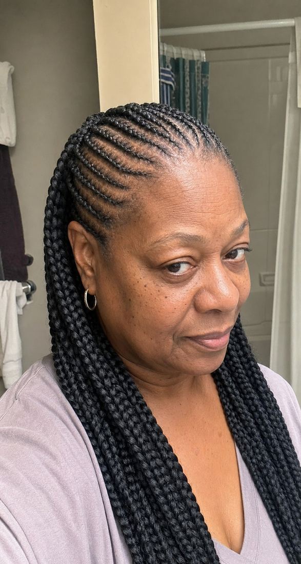 Black woman over 50 with feed-in cornrow braids using synthetic hair