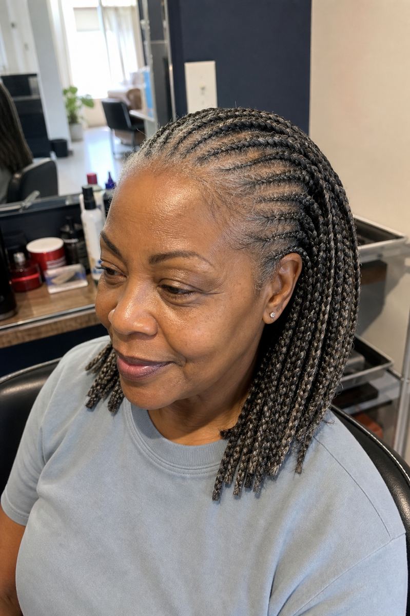 feed in braids with a natural looking hairline on a Black woman over 50