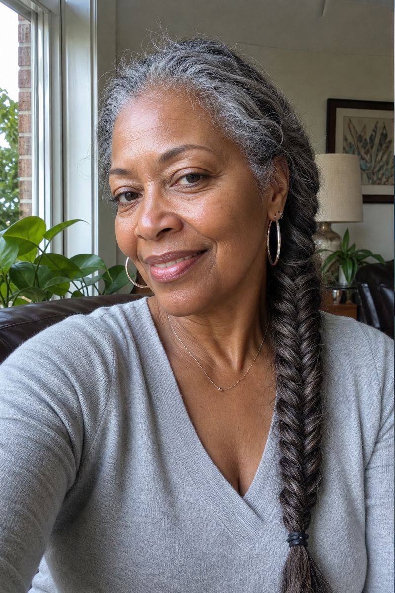 textured fishtail braid on a Black woman over 50