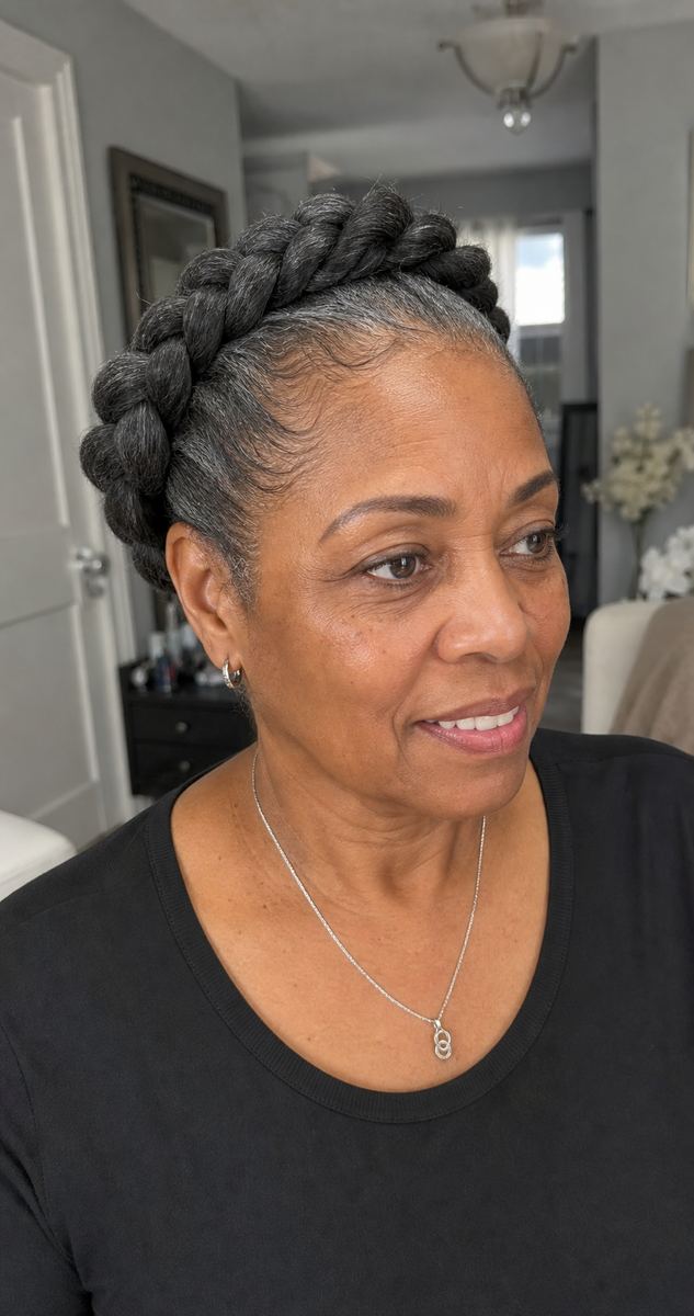halo braid with crown like elegance on a Black woman over 50