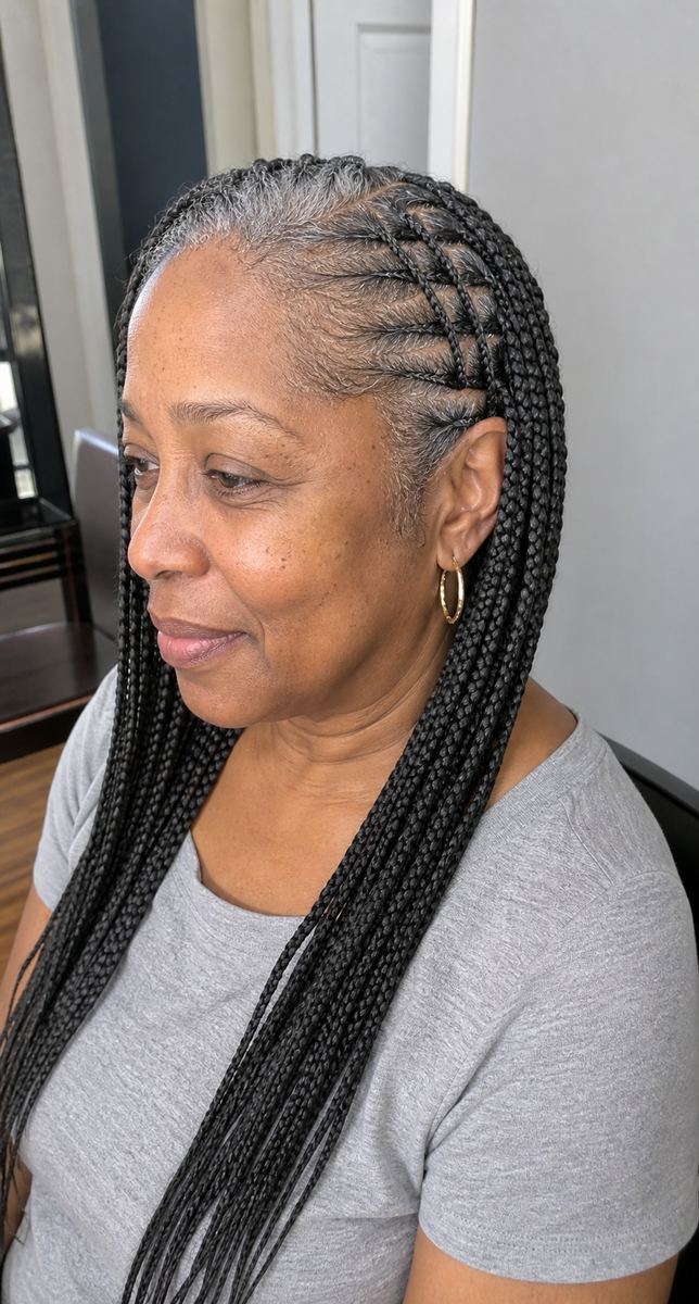 ladder braid decorative detail on a Black woman over 50