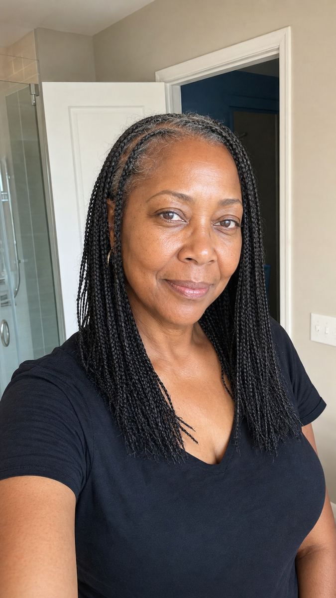 lightweight micro braids on a Black woman over 50