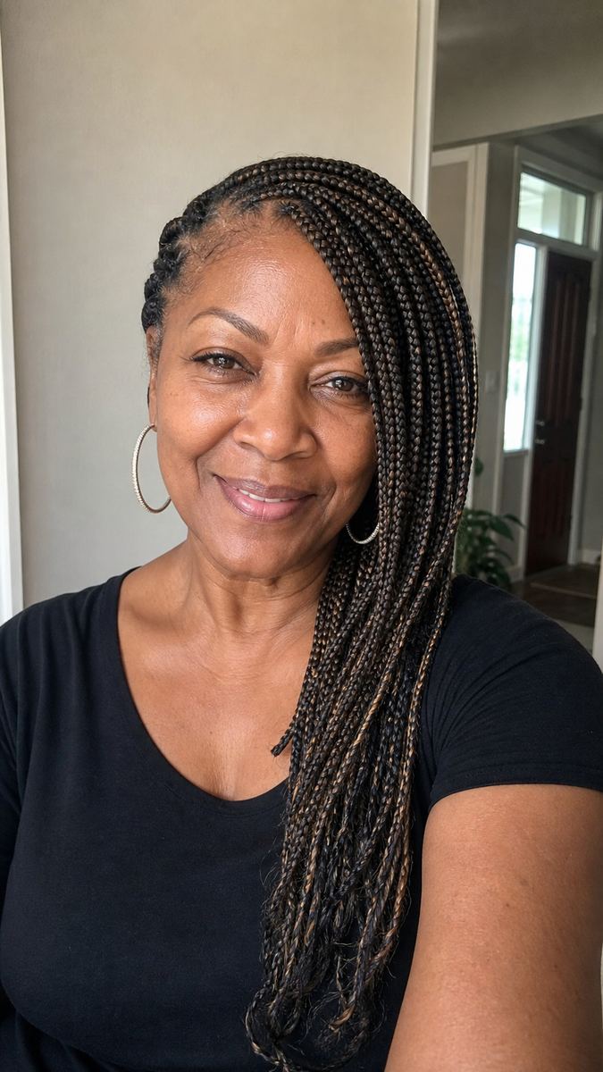 side swept lemonade braids on a Black woman over 50