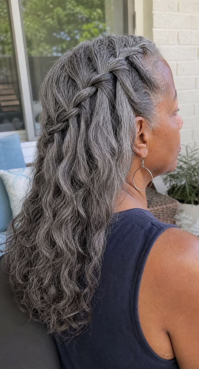 waterfall braid with gentle movement on a Black woman over 50