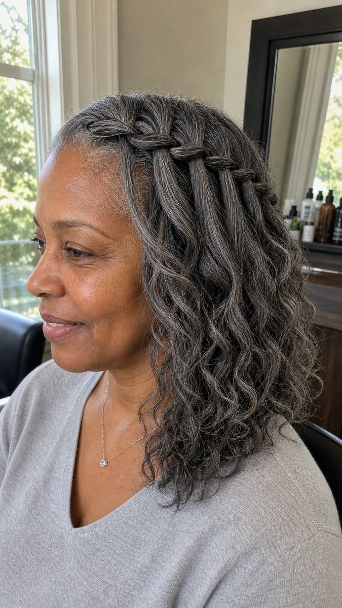 waterfall braids with soft flowing detail on a Black woman over 50
