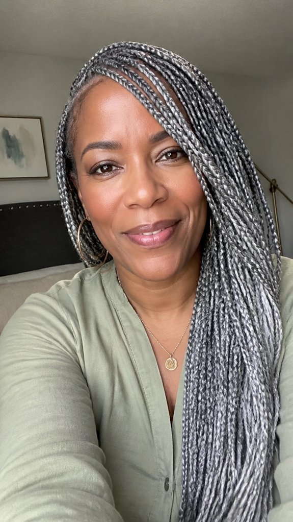 asymmetrical side part gray braids