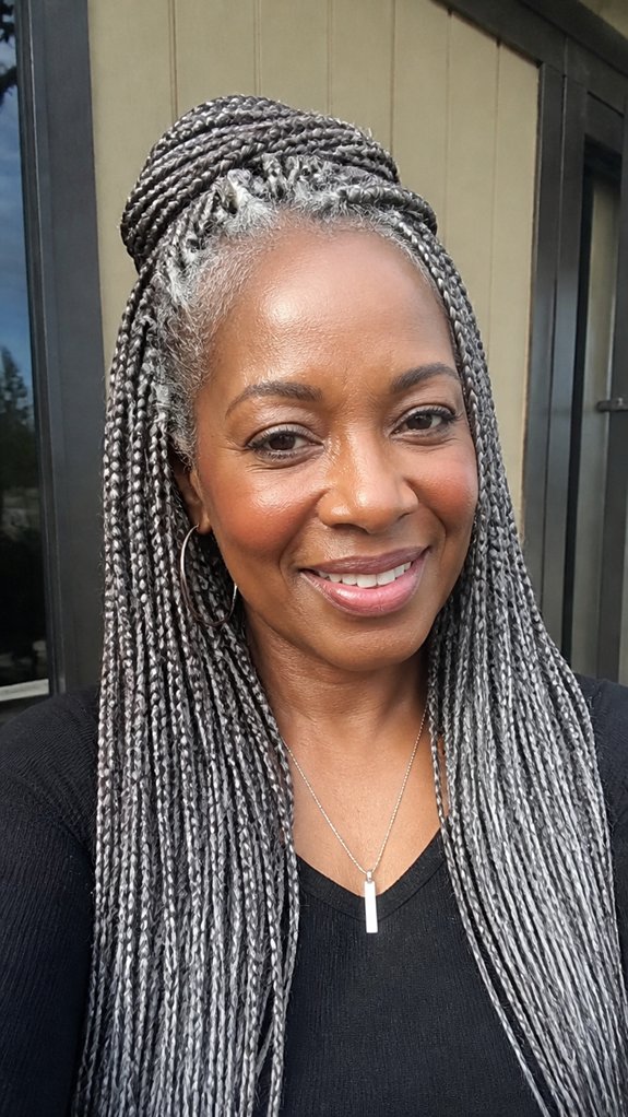 crowned half up gray braids