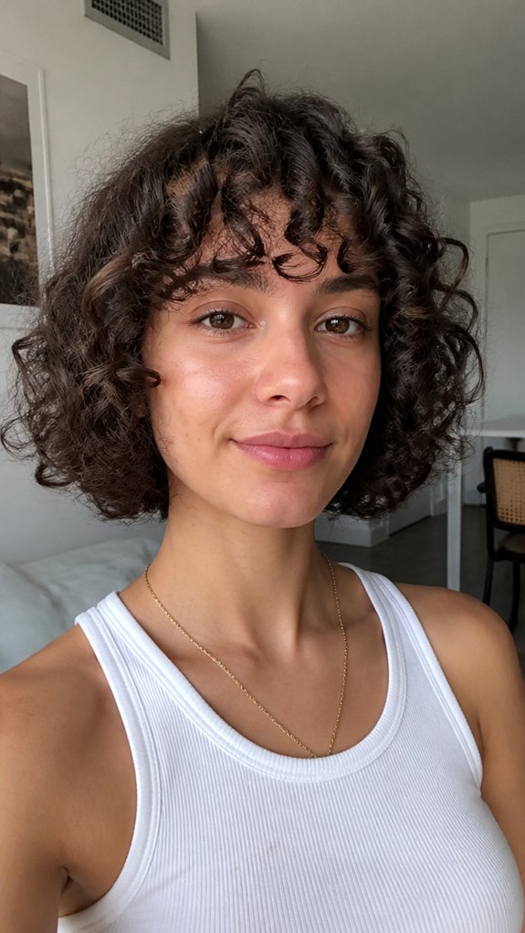 curly jaw length bob with bangs