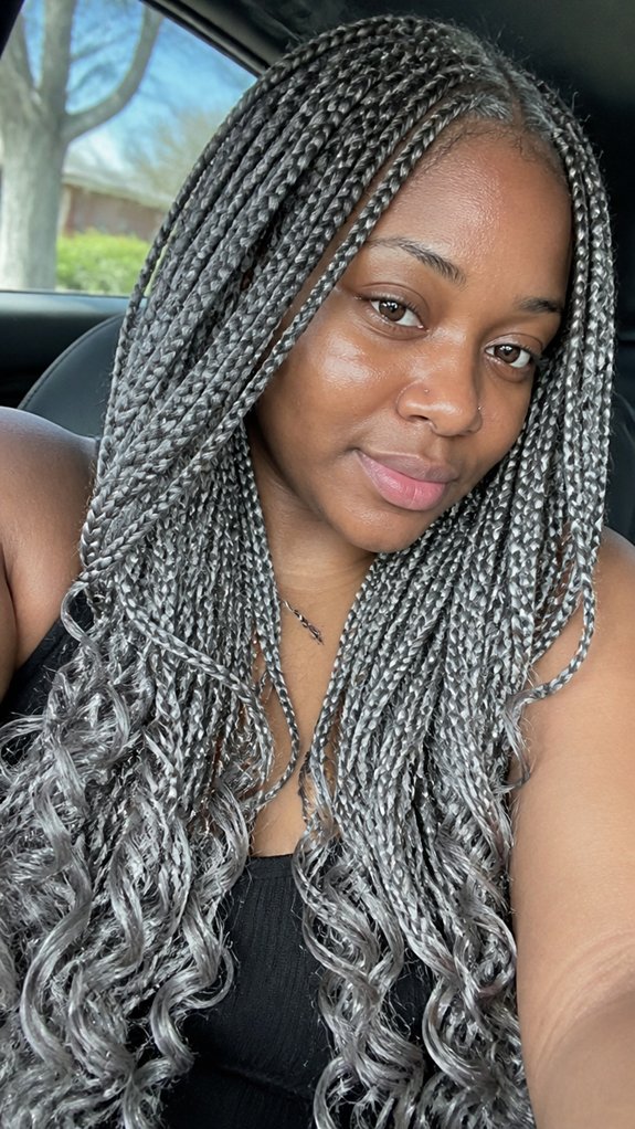 curly tipped gray braids bounce
