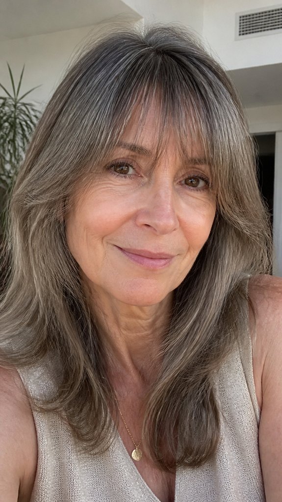feathered french bangs framing cheekbones