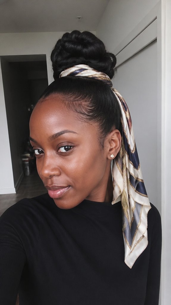 high bun with scarf feather