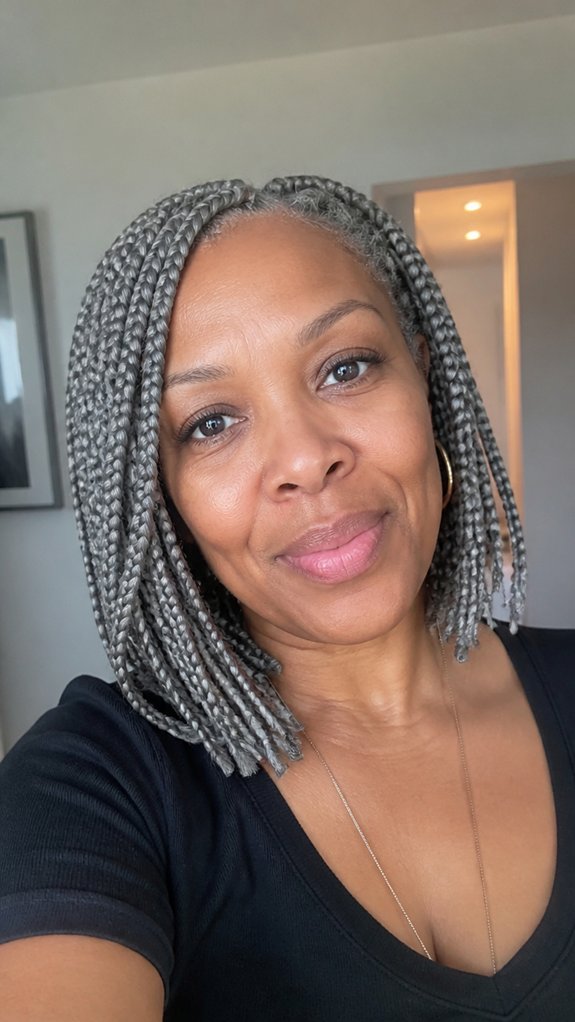 shoulder length neat gray braids