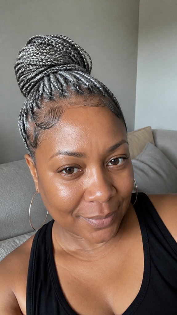 sleek edged updo friendly gray braids