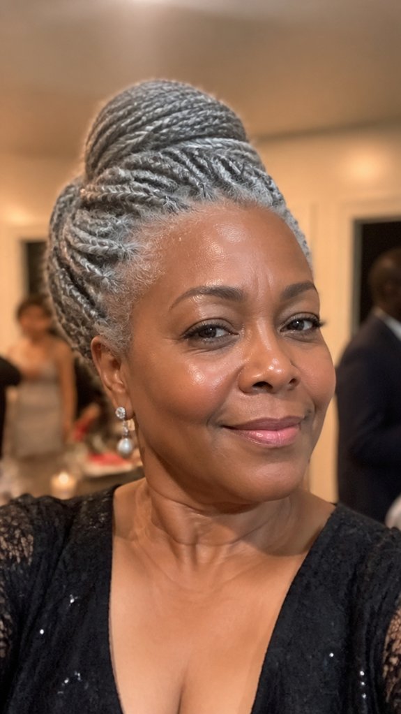 sleek gray braided chignon with jeweled accents