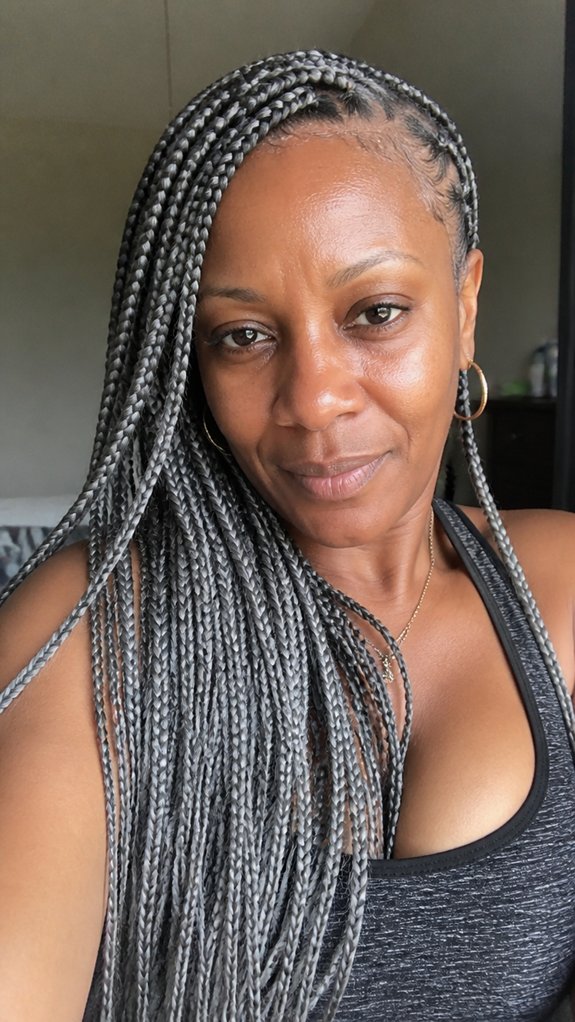 sleek side part gray braids