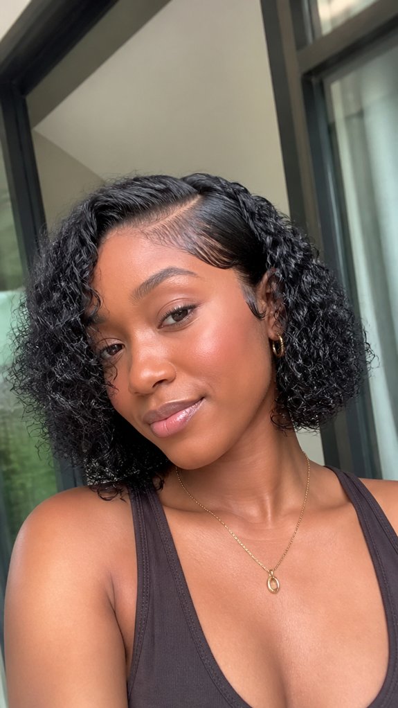 sleek side parted curly bob