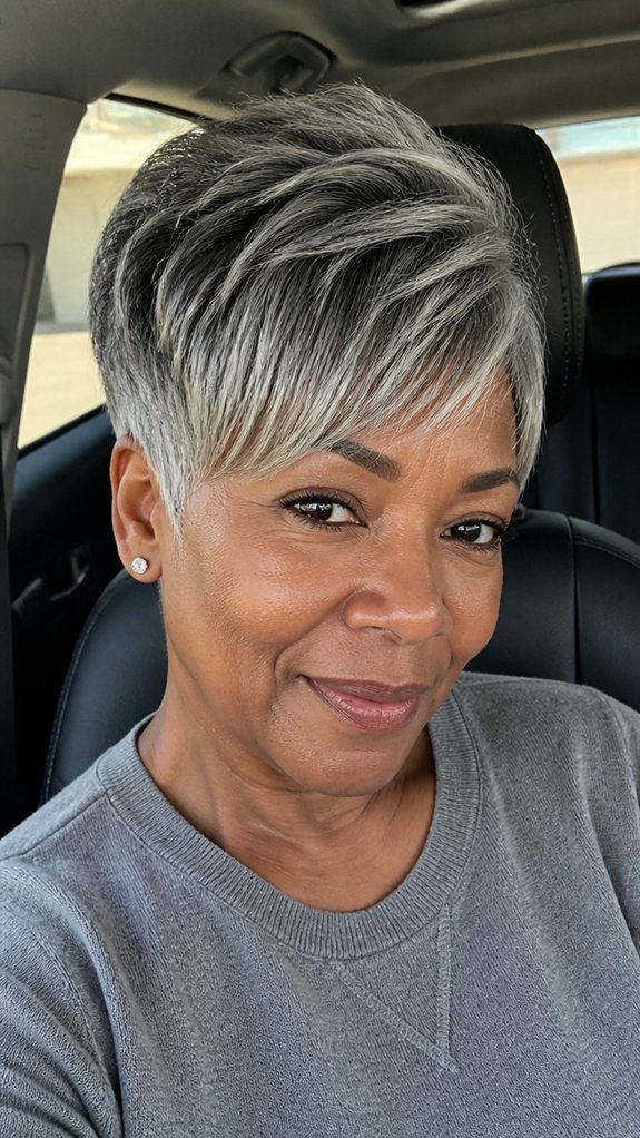 textured gray pixie with bangs