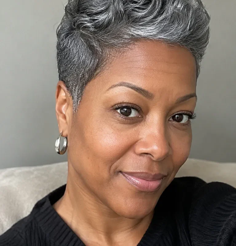 Black woman over 50 with a classic tapered pixie cut in gray hair