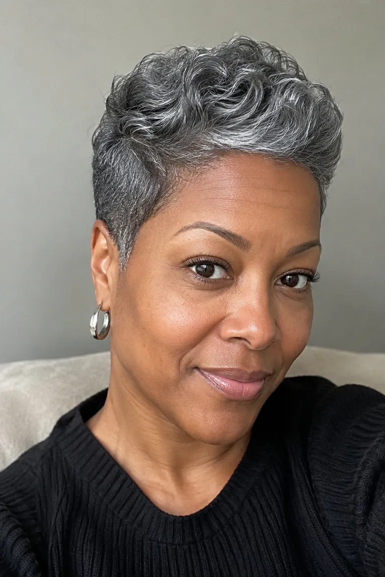 Black woman over 50 with a classic tapered pixie cut in gray hair