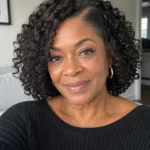 Black woman over 60 wearing a chin-length curly crochet bob with a soft side part
