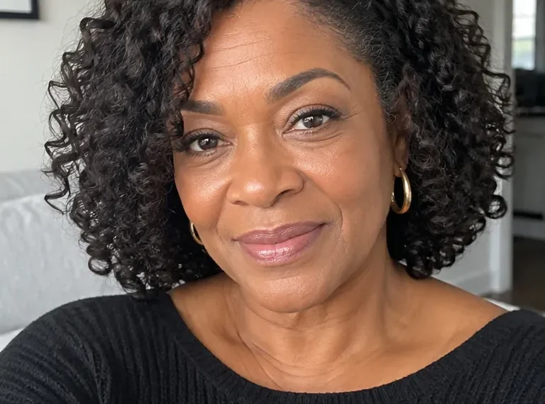 Black woman over 60 wearing a chin-length curly crochet bob with a soft side part
