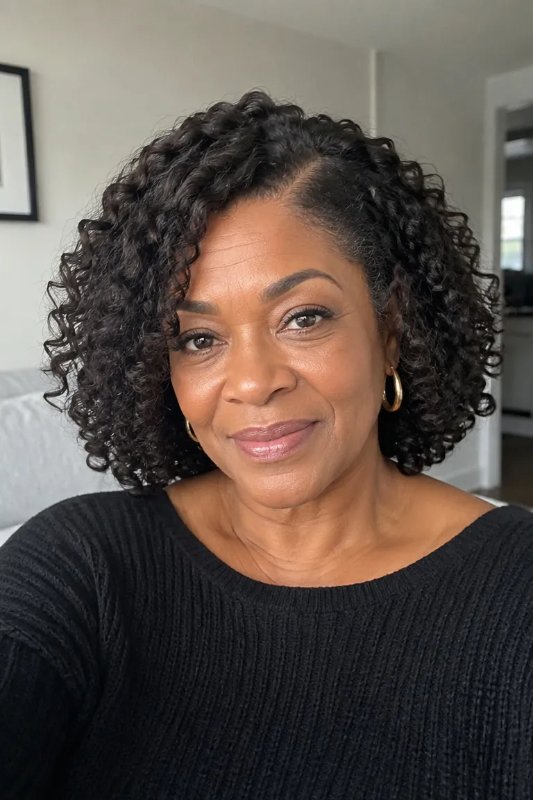 Black woman over 60 wearing a chin-length curly crochet bob with a soft side part