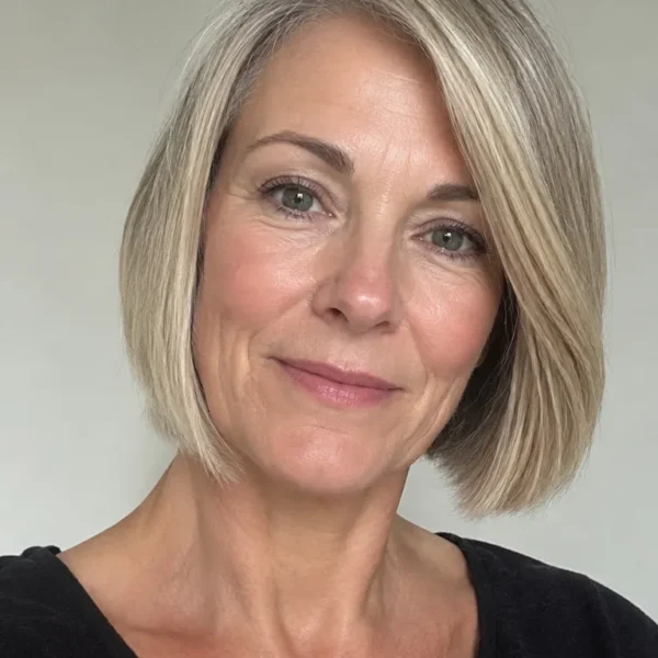 Woman over 50 with a blunt chin-length bob that makes thin hair look fuller at the ends
