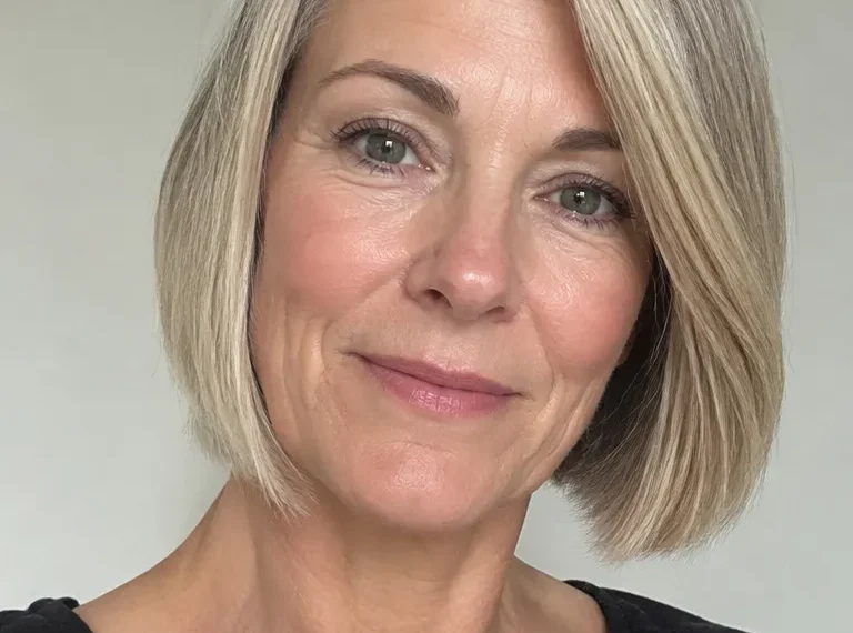 Woman over 50 with a blunt chin-length bob that makes thin hair look fuller at the ends