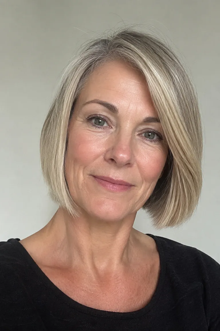 Woman over 50 with a blunt chin-length bob that makes thin hair look fuller at the ends