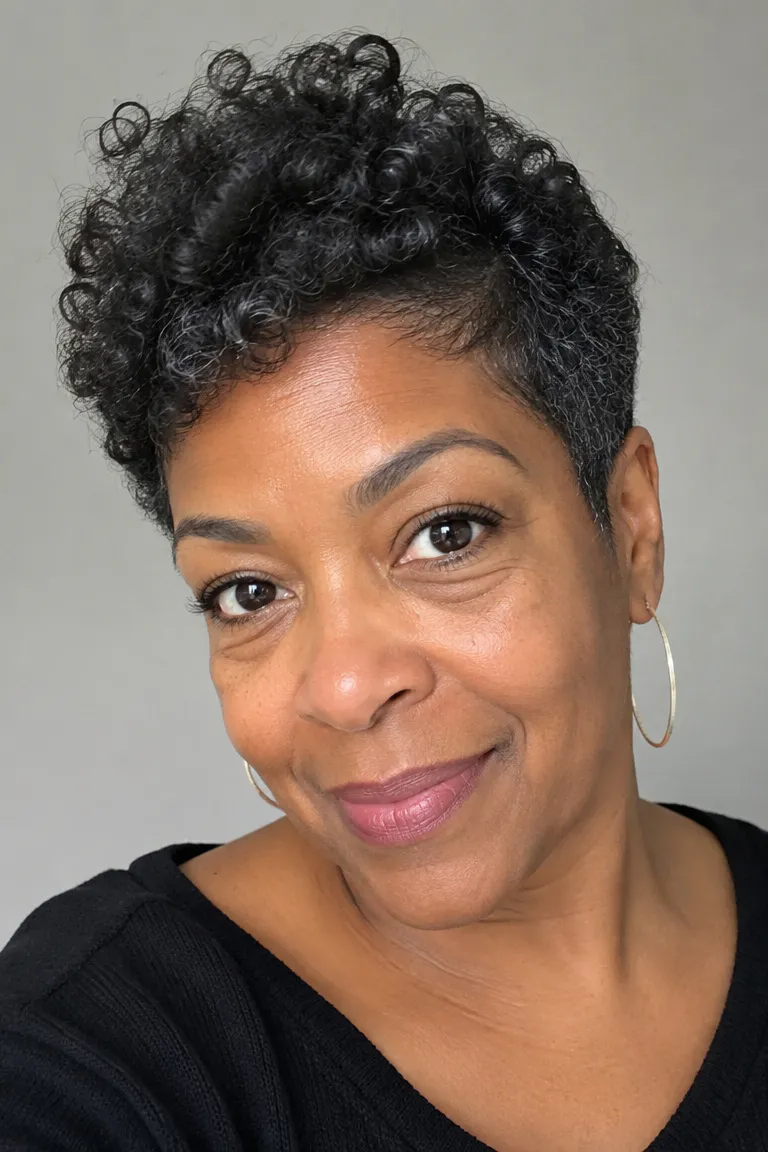 Older Black woman with a short tapered fro and soft side-framing shape