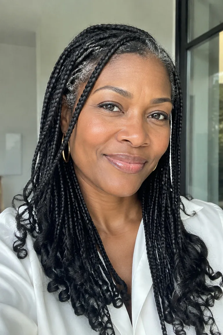 Older Black woman wearing shoulder-length knotless braids with a light, comfortable shape