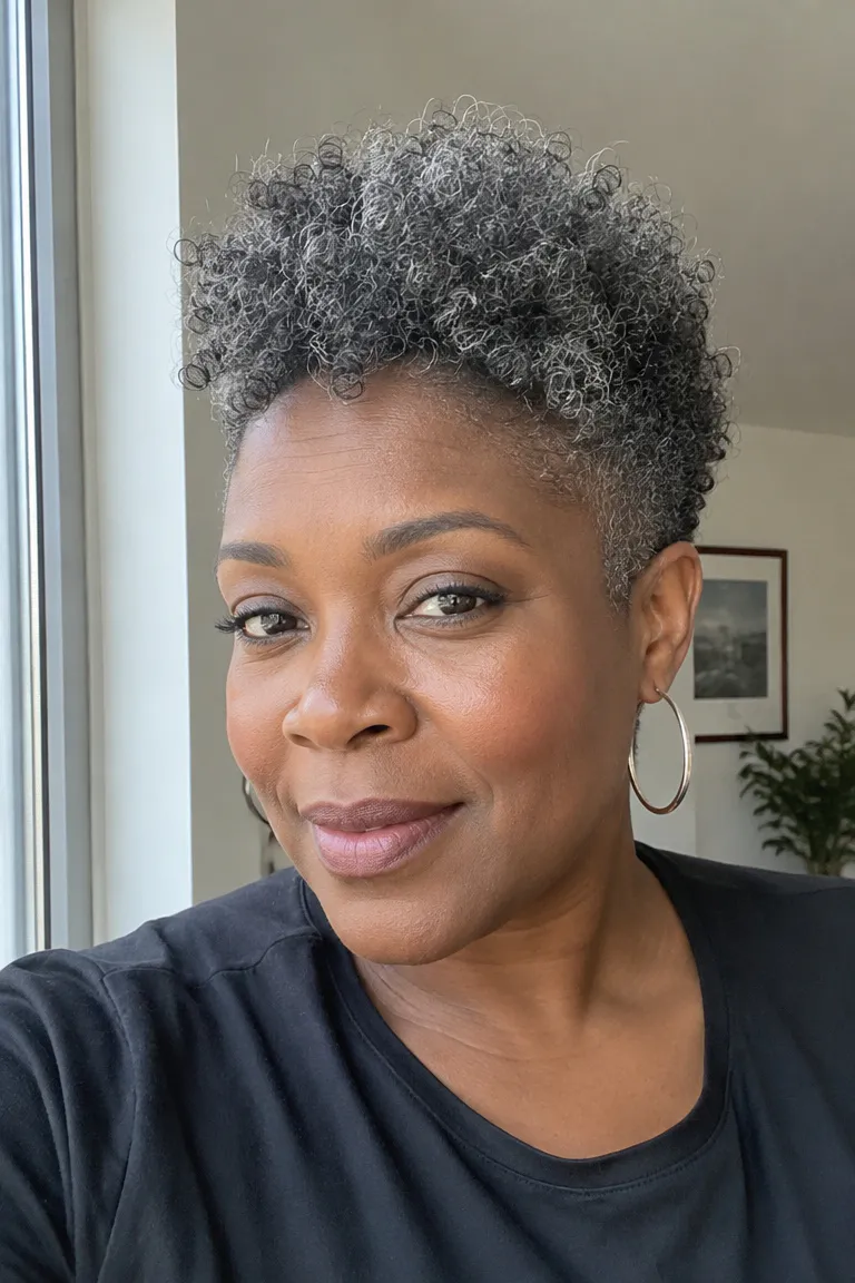 Black woman over 50 with a coily tapered fro and gray hair