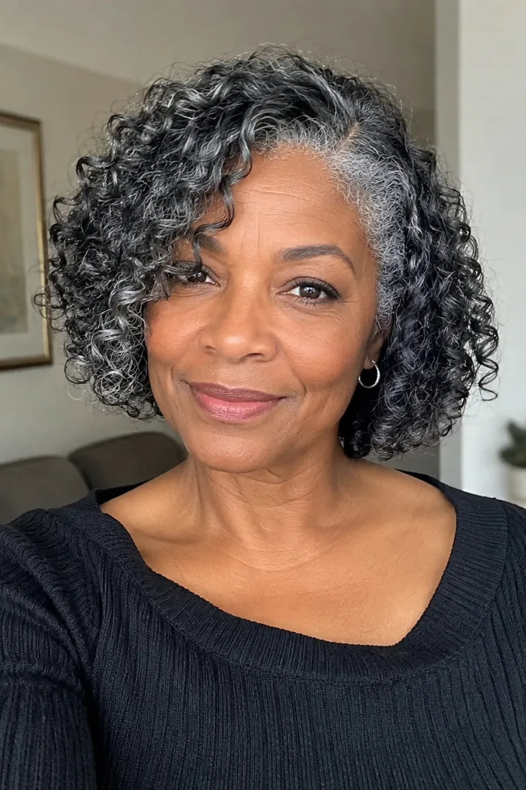 Salt-and-pepper curly crochet bob on a Black woman over 60