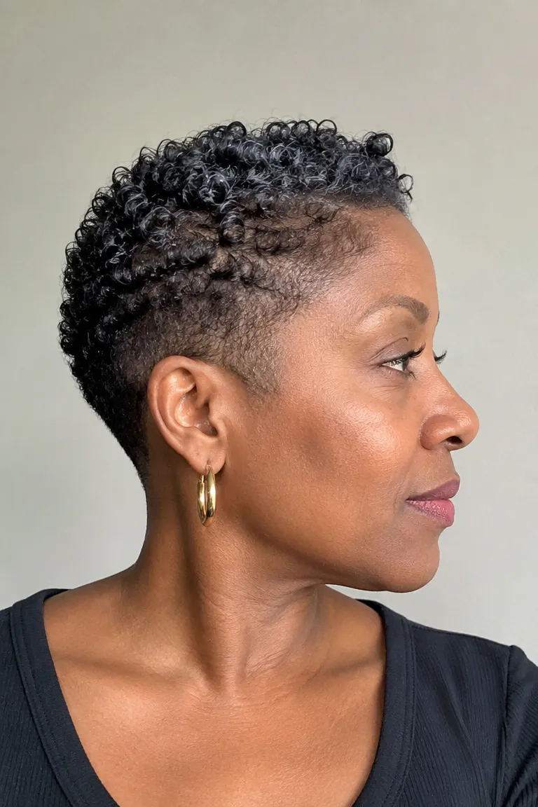 Older Black woman with a close-cropped natural haircut and soft fade