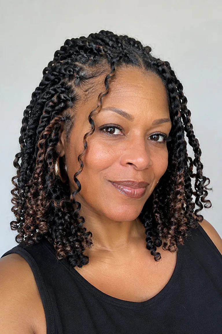 Black woman over 50 with shoulder-length passion twists and soft face-framing pieces
