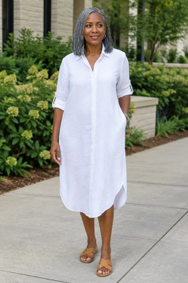 Black woman over 50 with shoulder-length gray knotless braids and a gentle side part