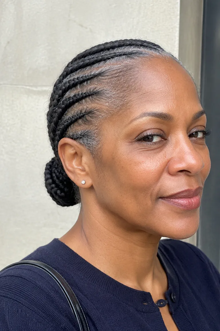 Older Black woman with thin feed-in cornrows styled low and light