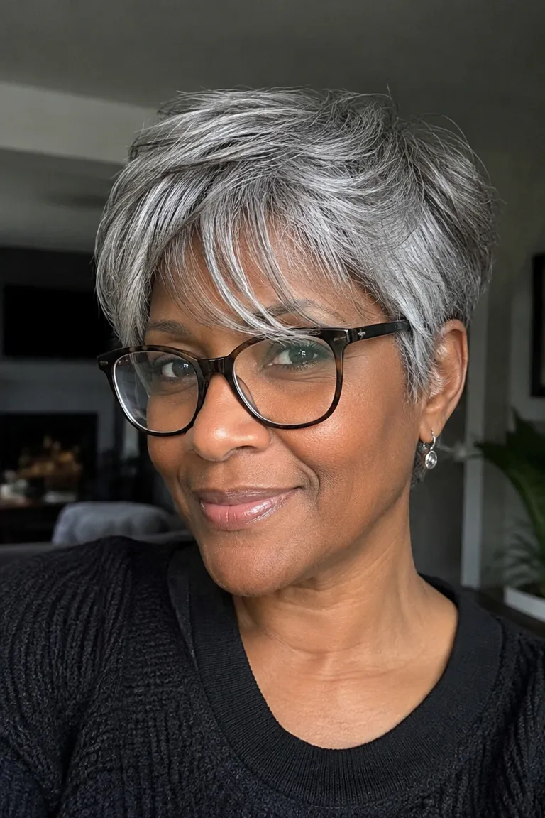 Black woman over 50 wearing glasses with a tapered haircut and soft gray fringe