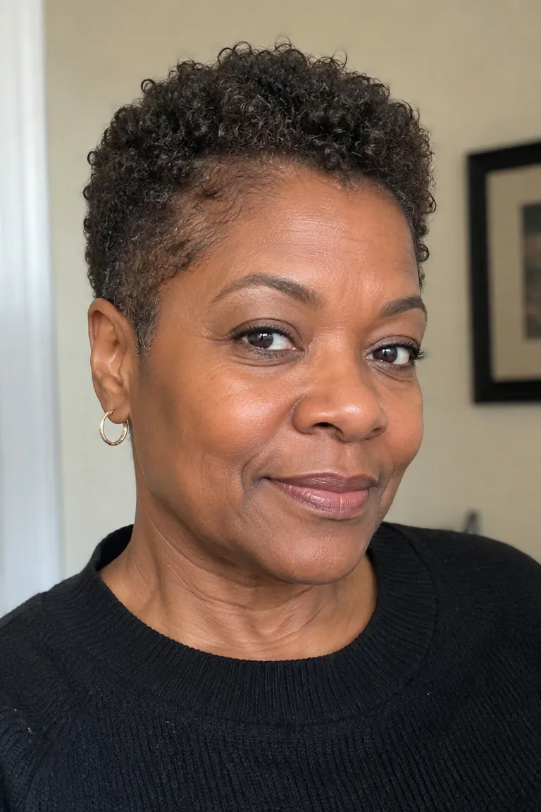 Short tapered crochet crop with a softly textured crown on a Black woman over 60