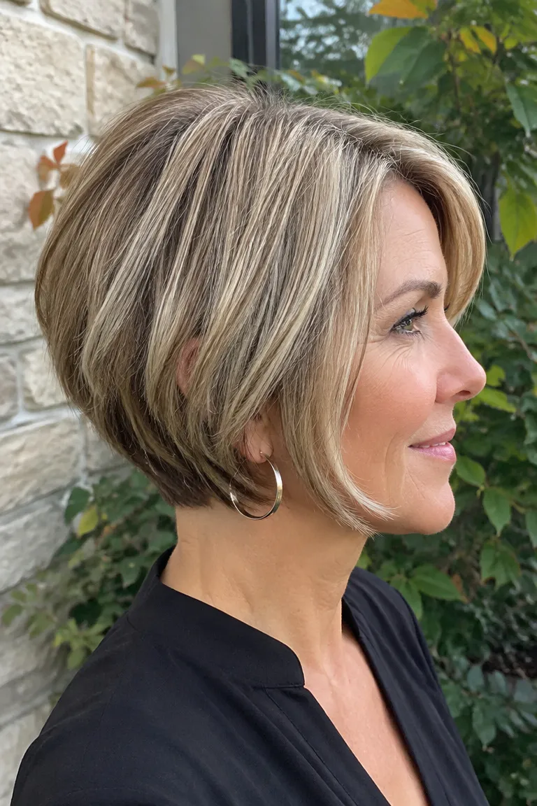 Woman over 50 with a short angled bob that creates shape and visual fullness