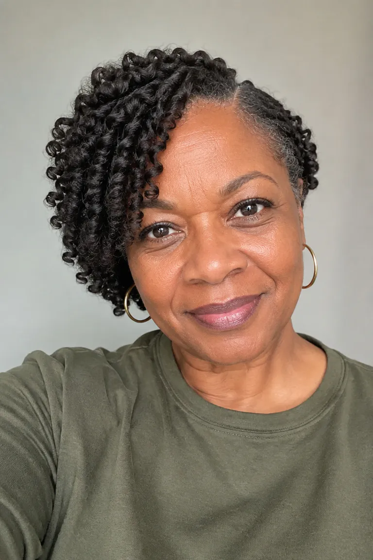 Older Black woman wearing short finger coils with a deep side part