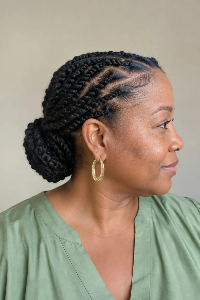 Black woman over 50 with flat twists swept into a low bun