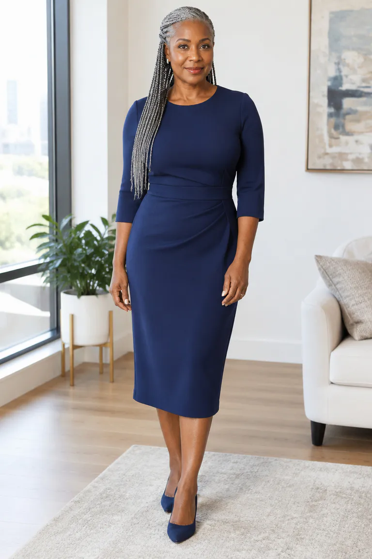 Black woman over 50 wearing gray side-part feed-in braids with a clean low profile