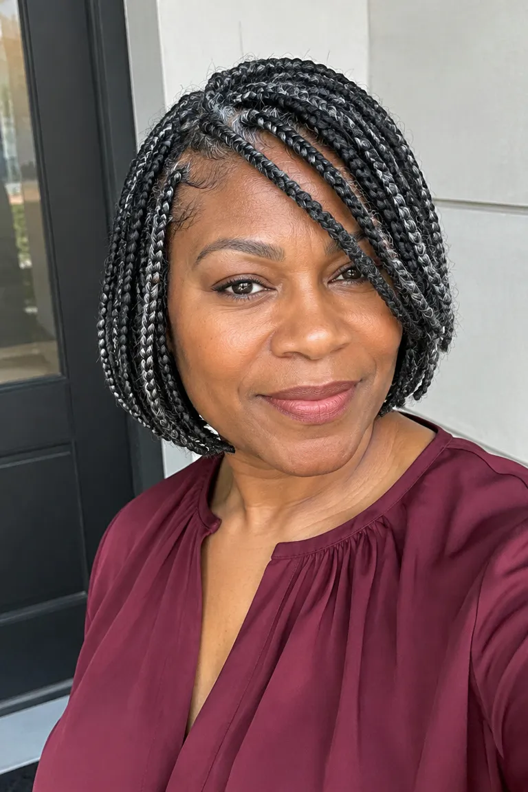 Older Black woman with a braided bob that looks neat and lightweight